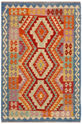 Flat Weave Kilim Antique Navaho Vintage handmade Geometric Kilim Rust Blue Hand-Woven Rectangle 100% Wool Area Rug 4x6
