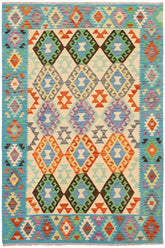 Flat Weave Kilim Antique Navaho Vintage handmade Geometric Kilim Beige Blue Hand-Woven Rectangle 100% Wool Area Rug 5x7