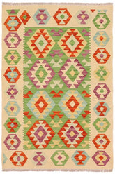 Flat Weave Kilim Antique Navaho Vintage handmade Geometric Kilim Green Beige Hand-Woven Rectangle 100% Wool Area Rug 3x5