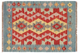 Flat Weave Kilim, Antique, Navaho, Vintage, Handmade, Geometric Kilim Red Blue Hand-Woven Rectangle 100% Wool Area Rug 2 x 2