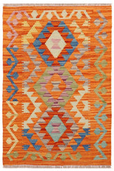 Flat Weave Kilim Antique Navaho Vintage handmade Geometric Kilim Rust Blue Hand-Woven Rectangle 100% Wool Area Rug 2x3