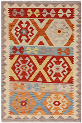 Flat Weave Kilim Antique Navaho Vintage handmade Geometric Kilim Rust Blue Hand-Woven Rectangle 100% Wool Area Rug 3x4