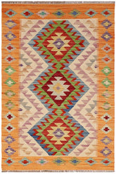 Flat Weave Kilim Antique Navaho Vintage handmade Geometric Kilim Beige Blue Hand-Woven Rectangle 100% Wool Area Rug 3x4
