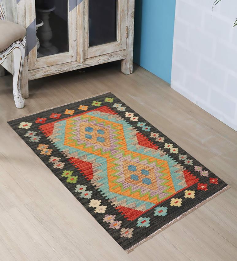 Flat Weave Kilim, Antique, Navaho, Vintage, Handmade, Geometric Kilim Blue Black Hand-Woven Rectangle 100% Wool Area Rug 2 x 3