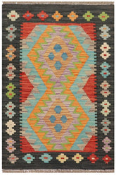 Flat Weave Kilim Antique Navaho Vintage handmade Geometric Kilim Blue Black Hand-Woven Rectangle 100% Wool Area Rug 2x3