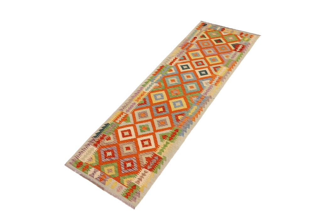 Flat Weave Kilim, Antique, Navaho, Vintage, Handmade, Geometric Kilim Orange Blue Hand-Woven Runner 100% Wool Area Rug 3 x 10