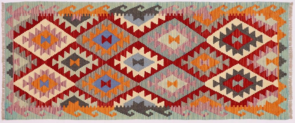 Flat Weave Kilim, Antique, Navaho, Vintage, Handmade, Geometric Kilim Red Blue Hand-Woven Runner 100% Wool Area Rug 3 x 6