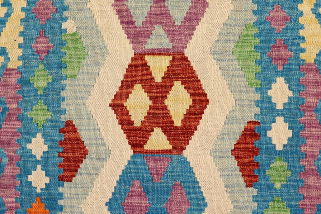 Flat Weave Kilim, Antique, Navaho, Vintage, Handmade, Geometric Kilim Beige Blue Hand-Woven Runner 100% Wool Area Rug 3 x 9