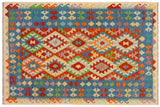 Flat Weave Kilim, Antique, Navaho, Vintage, Handmade, Geometric Kilim Rust Blue Hand-Woven Rectangle 100% Wool Area Rug 5 x 6