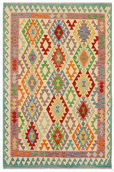 Flat Weave Kilim Antique Navaho Vintage handmade Geometric Kilim Beige Rust Hand-Woven Rectangle 100% Wool Area Rug 5x7