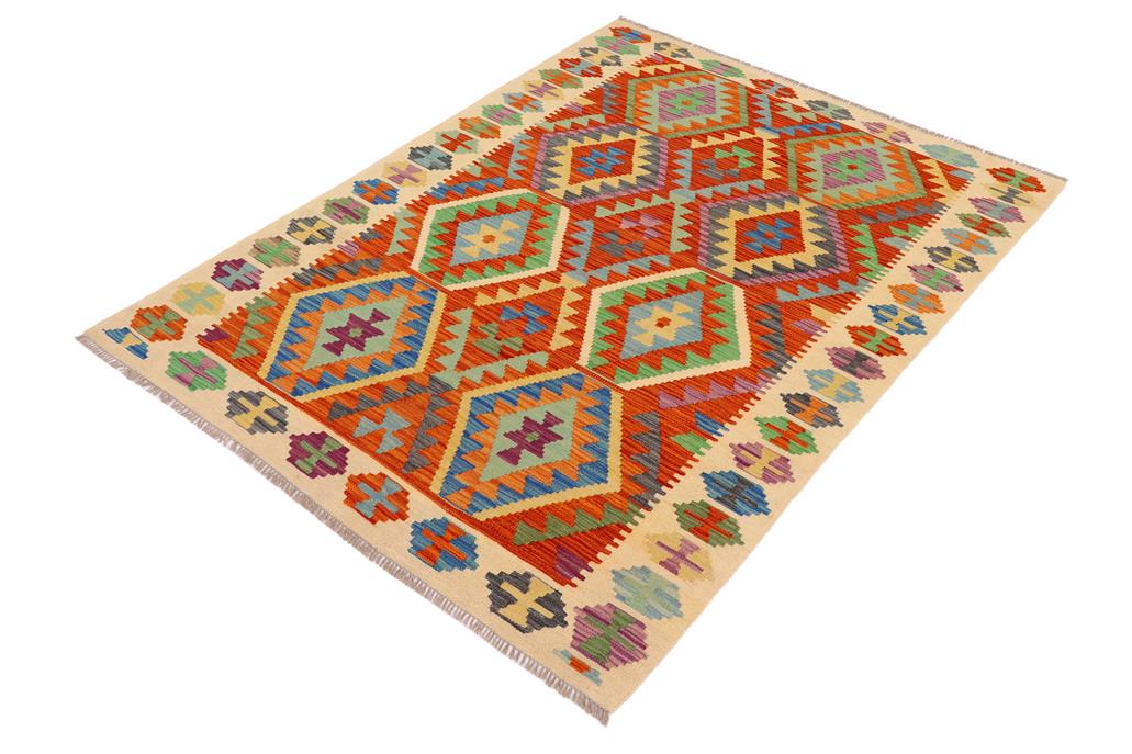 Flat Weave Kilim, Antique, Navaho, Vintage, Handmade, Geometric Kilim Rust Beige Hand-Woven Rectangle 100% Wool Area Rug 5 x 6