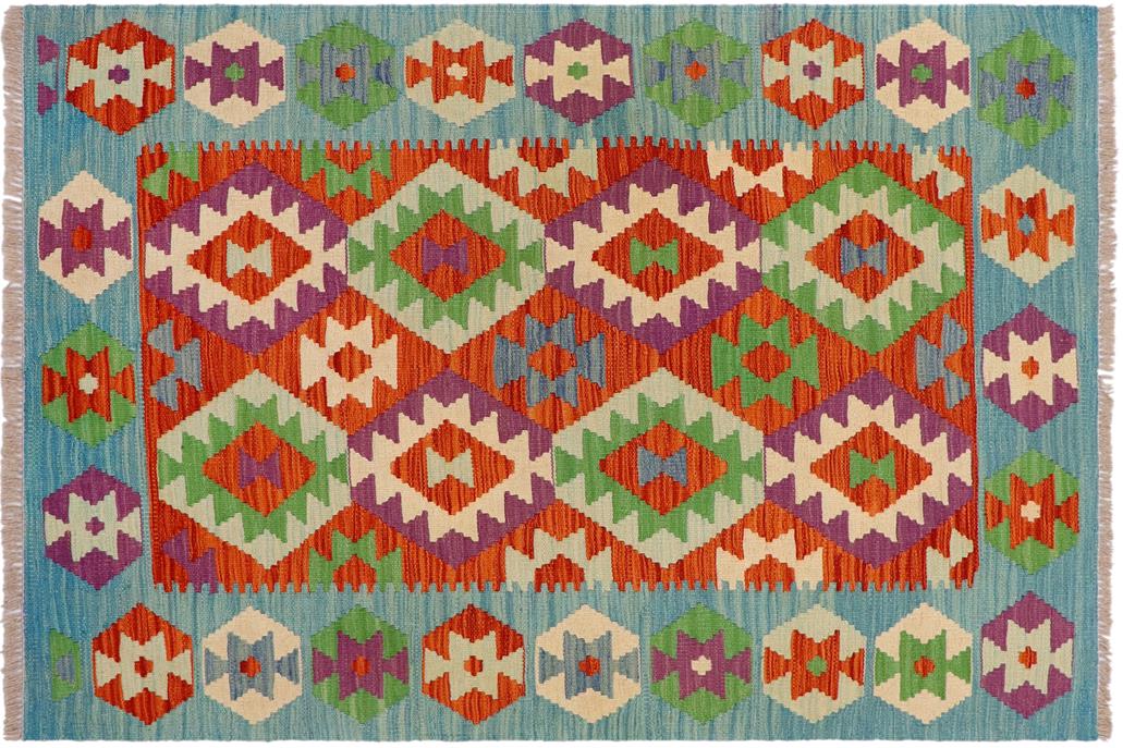 Flat Weave Kilim, Antique, Navaho, Vintage, Handmade, Geometric Kilim Rust Blue Hand-Woven Rectangle 100% Wool Area Rug 3 x 5