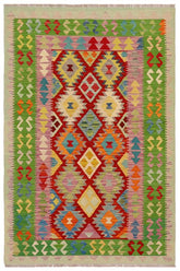 Flat Weave Kilim Antique Navaho Vintage handmade Geometric Kilim Rust Green Hand-Woven Rectangle 100% Wool Area Rug 4x6