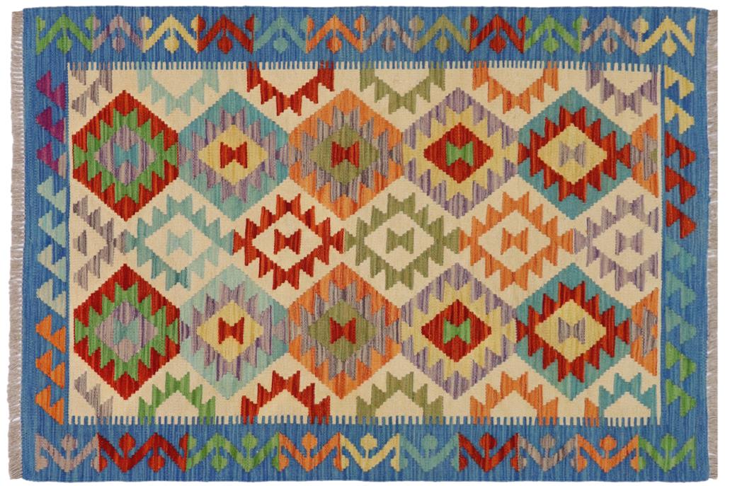 Flat Weave Kilim, Antique, Navaho, Vintage, Handmade, Geometric Kilim Beige Blue Hand-Woven Rectangle 100% Wool Area Rug 3 x 5