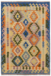 Flat Weave Kilim Antique Navaho Vintage handmade Geometric Kilim Beige Blue Hand-Woven Rectangle 100% Wool Area Rug 4x5
