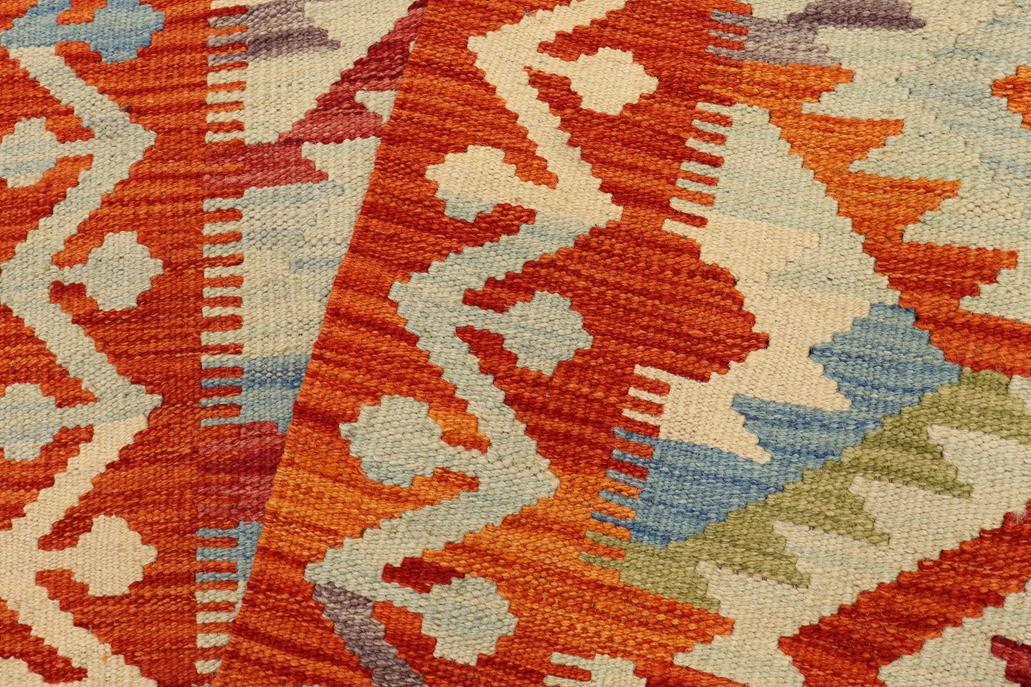 Flat Weave Kilim, Antique, Navaho, Vintage, Handmade, Geometric Kilim Blue Rust Hand-Woven Runner 100% Wool Area Rug 3 x 6