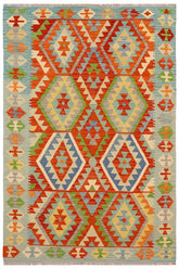 Flat Weave Kilim Antique Navaho Vintage handmade Geometric Kilim Rust Blue Hand-Woven Rectangle 100% Wool Area Rug 5x7