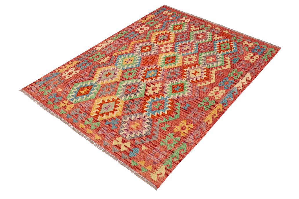 Flat Weave Kilim, Antique, Navaho, Vintage, Handmade, Geometric Kilim Red Blue Hand-Woven Rectangle 100% Wool Area Rug 5 x 7