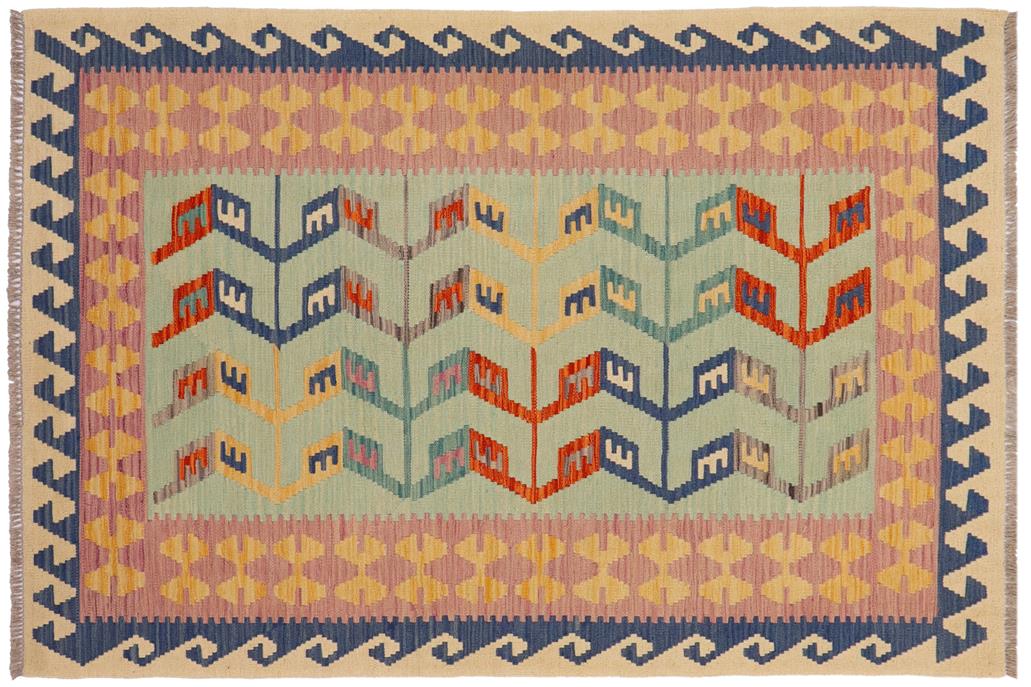 Flat Weave Kilim, Antique, Navaho, Vintage, Handmade, Modern Kilim Blue Beige Hand-Woven Rectangle 100% Wool Area Rug 4 x 6