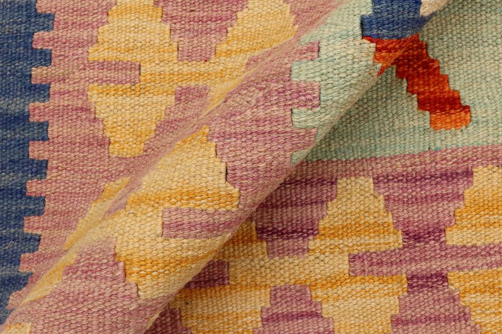 Flat Weave Kilim, Antique, Navaho, Vintage, Handmade, Modern Kilim Blue Beige Hand-Woven Rectangle 100% Wool Area Rug 4 x 6