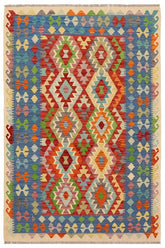 Flat Weave Kilim Antique Navaho Vintage handmade Geometric Kilim Red Blue Hand-Woven Rectangle 100% Wool Area Rug 5x6