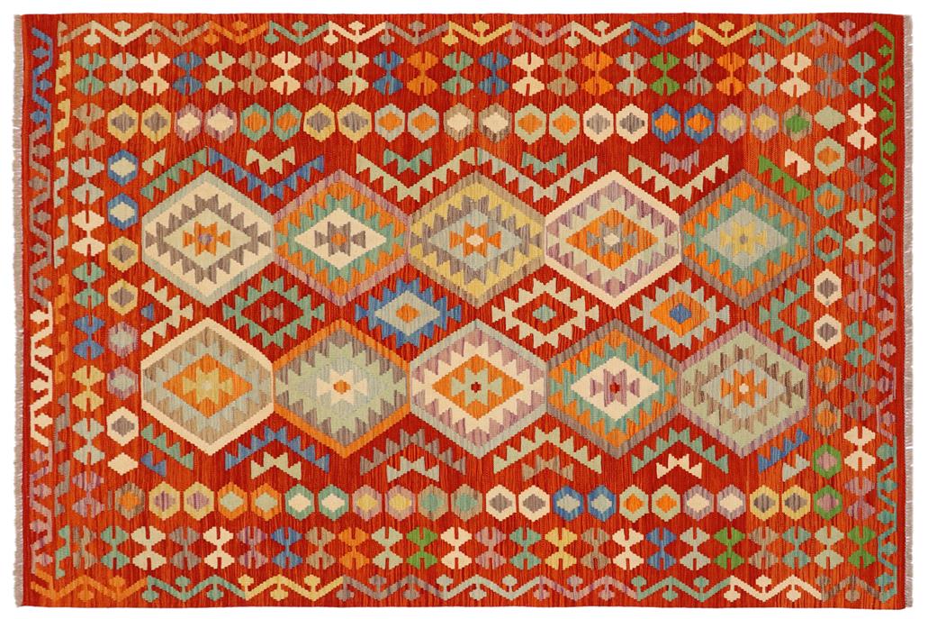Flat Weave Kilim, Antique, Navaho, Vintage, Handmade, Geometric Kilim Rust Blue Hand-Woven Rectangle 100% Wool Area Rug 6 x 8