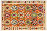 Flat Weave Kilim, Antique, Navaho, Vintage, Handmade, Geometric Kilim Rust Beige Hand-Woven Rectangle 100% Wool Area Rug 5 x 6