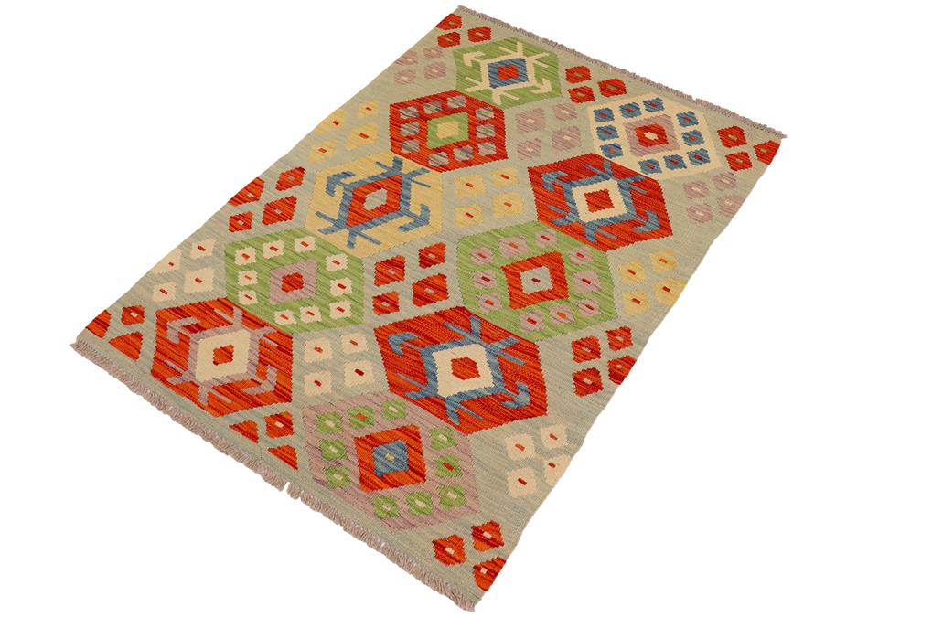 Flat Weave Kilim, Antique, Navaho, Vintage, Handmade, Modern Kilim Blue Rust Hand-Woven Rectangle 100% Wool Area Rug 3 x 4