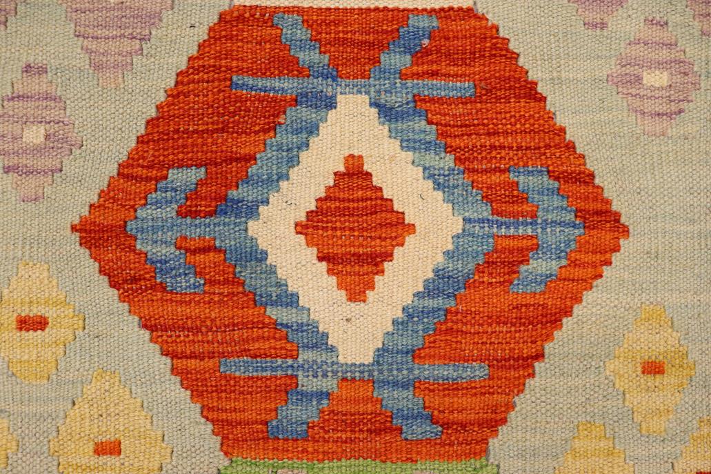 Flat Weave Kilim, Antique, Navaho, Vintage, Handmade, Modern Kilim Blue Rust Hand-Woven Rectangle 100% Wool Area Rug 3 x 4