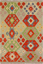 Flat Weave Kilim Antique Navaho Vintage handmade Modern Kilim Blue Rust Hand-Woven Rectangle 100% Wool Area Rug 3x4