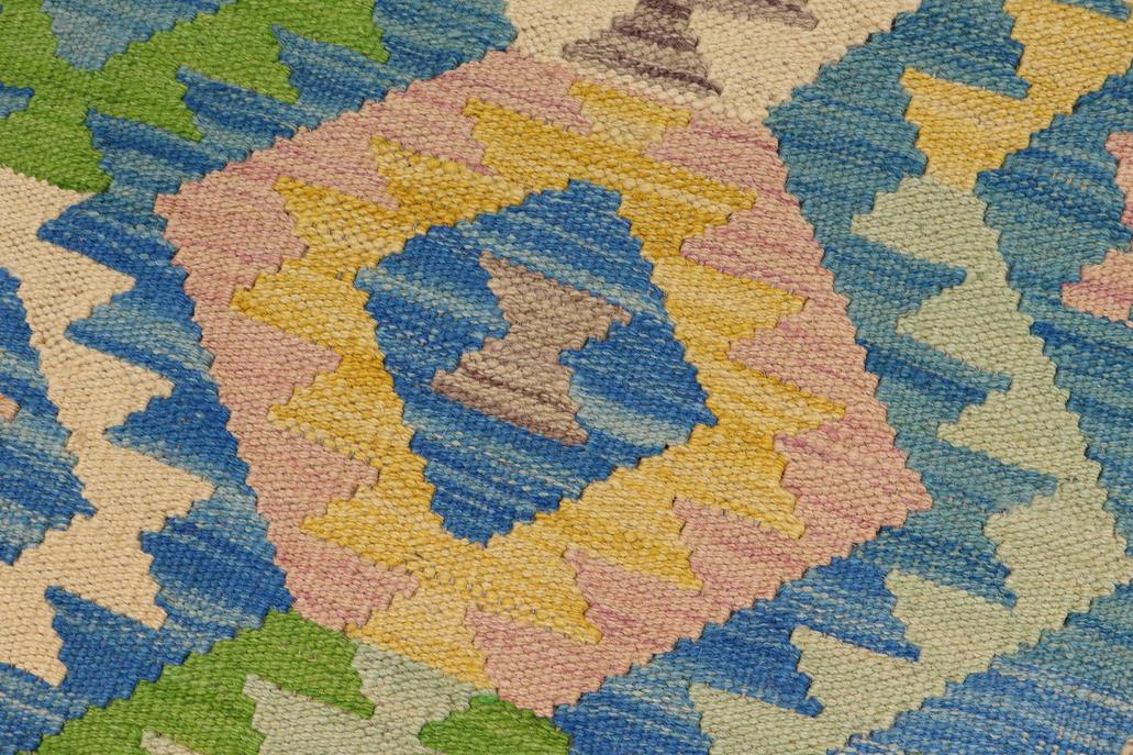 Flat Weave Kilim, Antique, Navaho, Vintage, Handmade, Geometric Kilim Blue Beige Hand-Woven Rectangle 100% Wool Area Rug 4 x 6