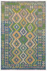 Flat Weave Kilim Antique Navaho Vintage handmade Geometric Kilim Blue Beige Hand-Woven Rectangle 100% Wool Area Rug 4x6