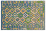 Flat Weave Kilim, Antique, Navaho, Vintage, Handmade, Geometric Kilim Blue Beige Hand-Woven Rectangle 100% Wool Area Rug 4 x 6