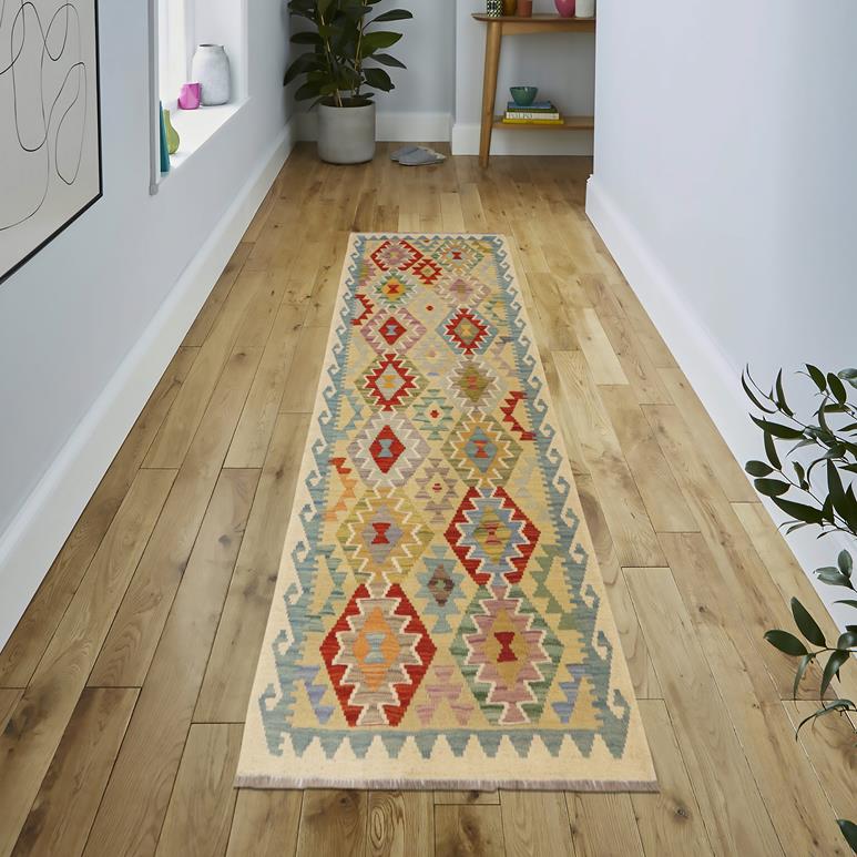 Flat Weave Kilim, Antique, Navaho, Vintage, Handmade, Geometric Kilim Gold Blue Hand-Woven Runner 100% Wool Area Rug 3 x 7
