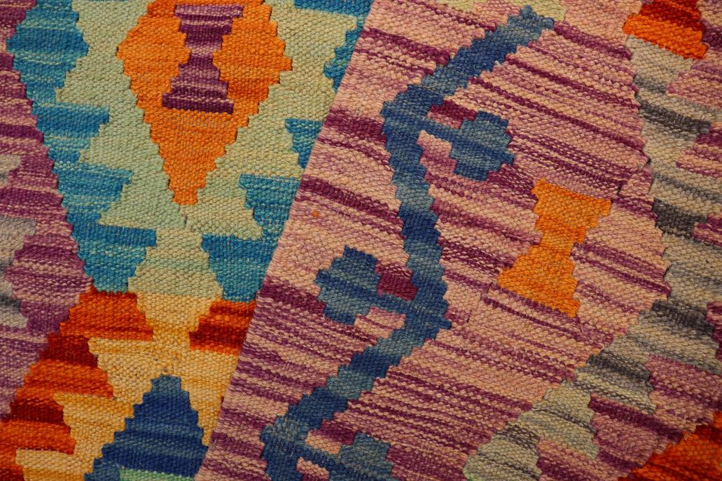 Flat Weave Kilim, Antique, Navaho, Vintage, Handmade, Geometric Kilim Purple Rust Hand-Woven Rectangle 100% Wool Area Rug 4 x 5