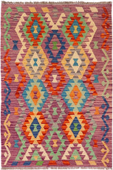 Flat Weave Kilim Antique Navaho Vintage handmade Geometric Kilim Purple Rust Hand-Woven Rectangle 100% Wool Area Rug 4x5