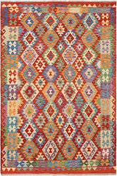Flat Weave Kilim Antique Navaho Vintage handmade Geometric Kilim Rust Blue Hand-Woven Rectangle 100% Wool Area Rug 7x10