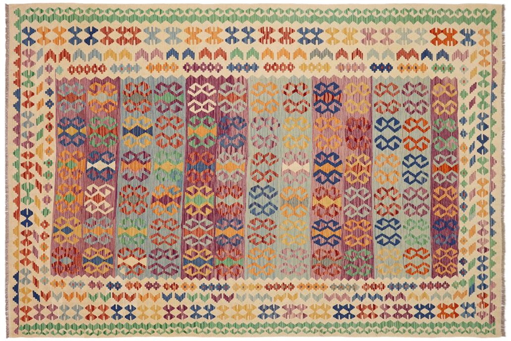 Flat Weave Kilim, Antique, Navaho, Vintage, Handmade, Geometric Kilim Blue Beige Hand-Woven Rectangle 100% Wool Area Rug 8 x 11
