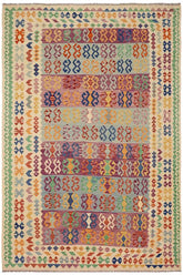 Flat Weave Kilim Antique Navaho Vintage handmade Geometric Kilim Blue Beige Hand-Woven Rectangle 100% Wool Area Rug 8x11