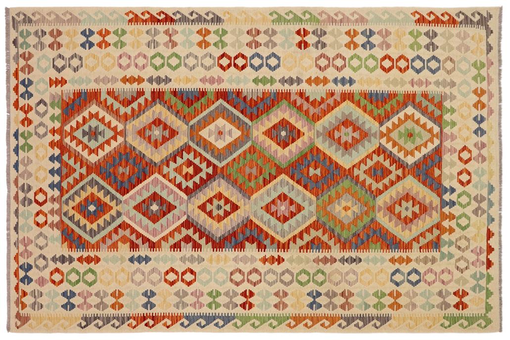 Flat Weave Kilim, Antique, Navaho, Vintage, Handmade, Geometric Kilim Rust Beige Hand-Woven Rectangle 100% Wool Area Rug 7 x 10