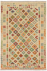 Flat Weave Kilim Antique Navaho Vintage handmade Geometric Kilim Beige Blue Hand-Woven Rectangle 100% Wool Area Rug 7x10