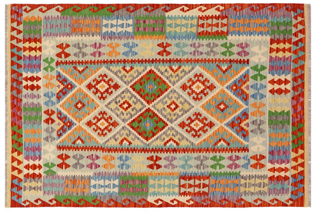 Flat Weave Kilim, Antique, Navaho, Vintage, Handmade, Geometric Kilim Rust Blue Hand-Woven Rectangle 100% Wool Area Rug 5 x 7