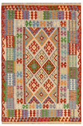 Flat Weave Kilim Antique Navaho Vintage handmade Geometric Kilim Rust Blue Hand-Woven Rectangle 100% Wool Area Rug 5x7