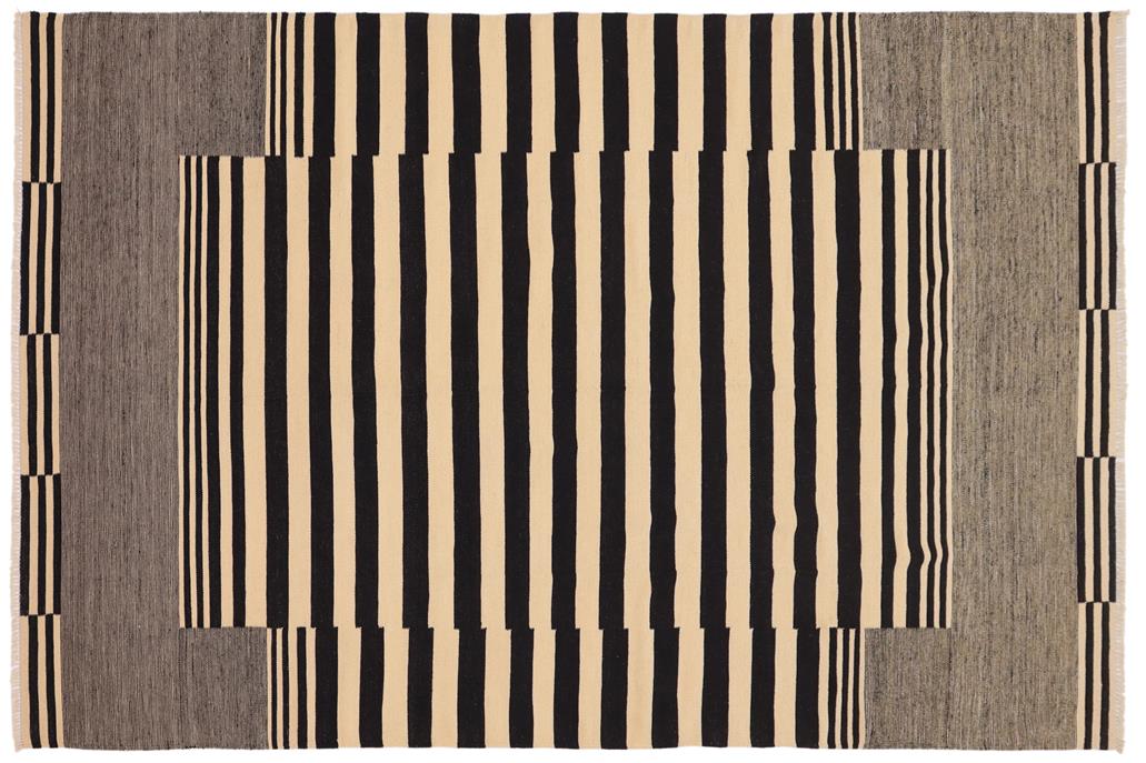 Flat Weave Kilim, Antique, Navaho, Vintage, Handmade, Modern Kilim Beige Black Hand-Woven Rectangle 100% Wool Area Rug 7 x 11