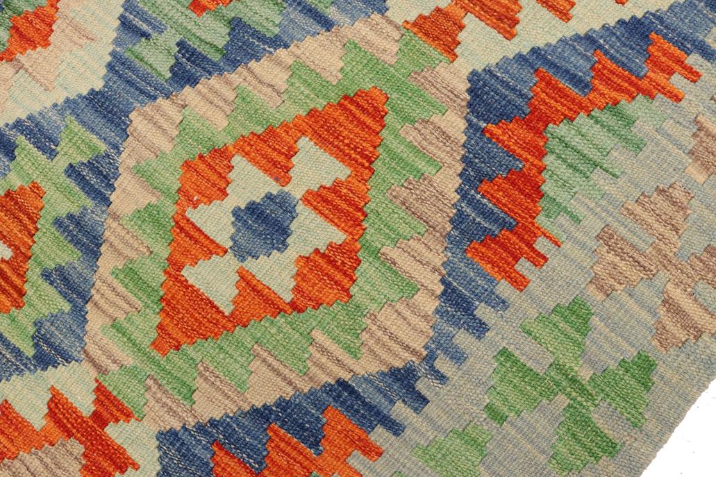 Flat Weave Kilim, Antique, Navaho, Vintage, Handmade, Geometric Kilim Blue Rust Hand-Woven Rectangle 100% Wool Area Rug 4 x 6