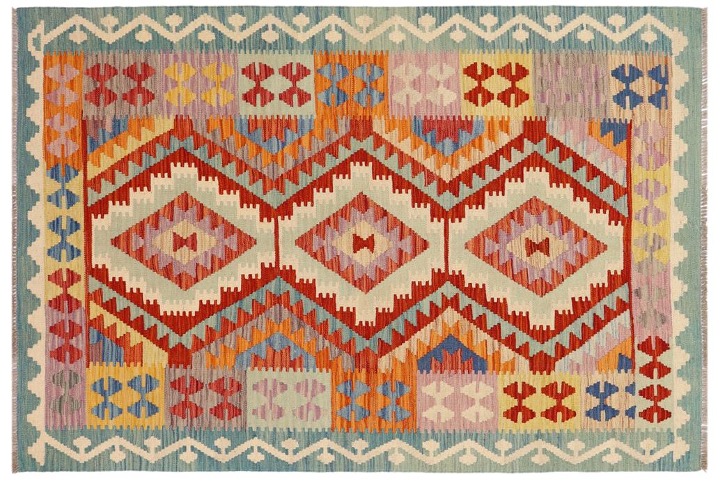 Flat Weave Kilim, Antique, Navaho, Vintage, Handmade, Geometric Kilim Rust Blue Hand-Woven Rectangle 100% Wool Area Rug 4 x 6
