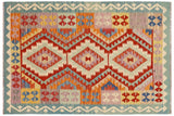 Flat Weave Kilim, Antique, Navaho, Vintage, Handmade, Geometric Kilim Rust Blue Hand-Woven Rectangle 100% Wool Area Rug 4 x 6