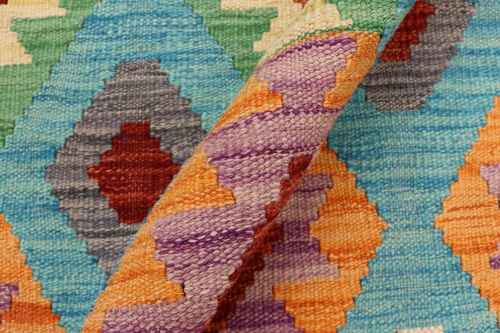 Flat Weave Kilim, Antique, Navaho, Vintage, Handmade, Geometric Kilim Blue Rust Hand-Woven Rectangle 100% Wool Area Rug 5 x 7