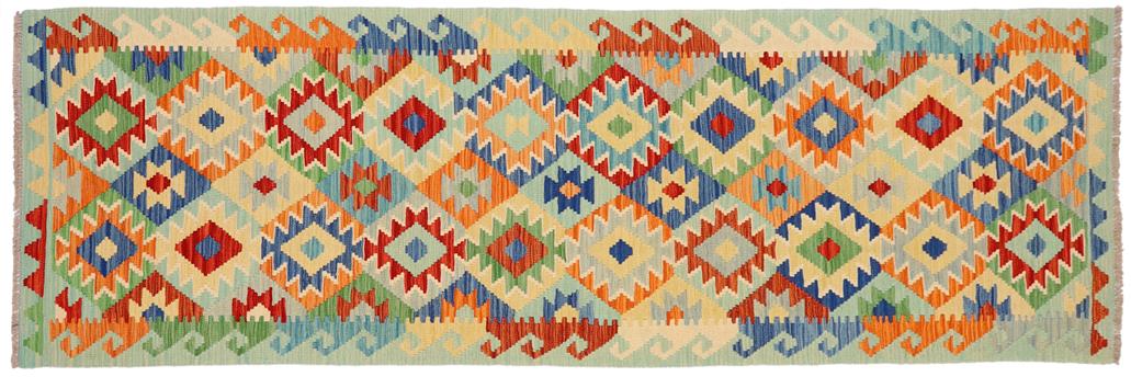Flat Weave Kilim, Antique, Navaho, Vintage, Handmade, Geometric Kilim Rust Blue Hand-Woven Runner 100% Wool Area Rug 3 x 10