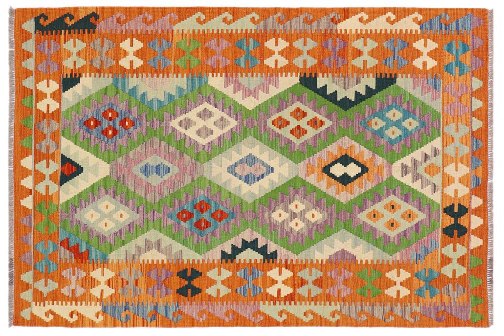Flat Weave Kilim, Antique, Navaho, Vintage, Handmade, Geometric Kilim Blue Orange Hand-Woven Rectangle 100% Wool Area Rug 4 x 6
